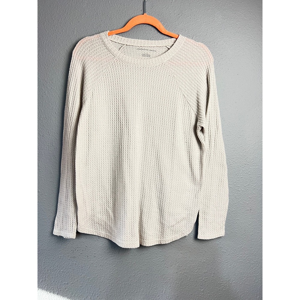American Eagle Womens Waffle Knit Thermal Top Oatmeal Beige Raglan M Cottagecore